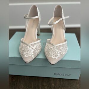 NEW Bella Belle Chelsea Ivory Floral Illusion Mesh Low Block Wedding Heel (8.5)